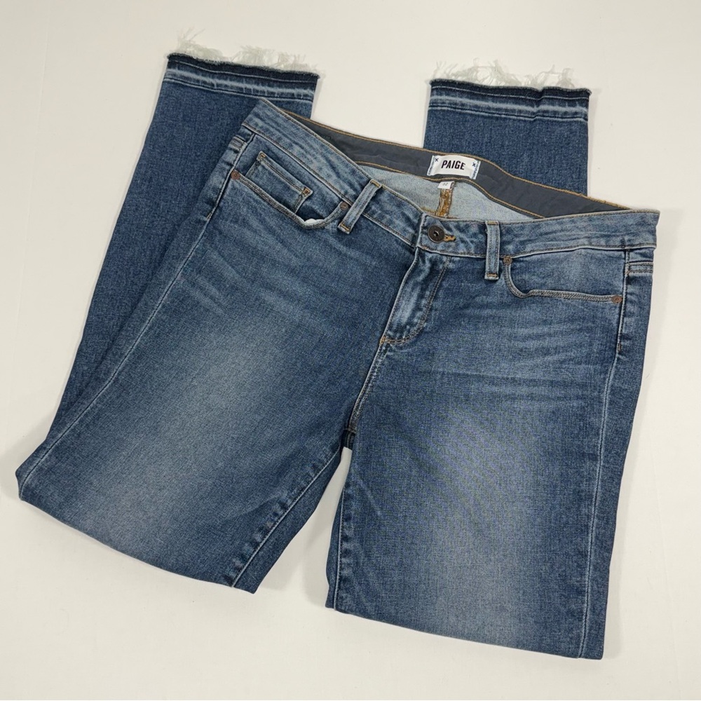 Skyline Ankle Peg PAIGE Blue Cotton Blend Raw Hem Slim Skinny Jeans 32 - Picture 2 of 12